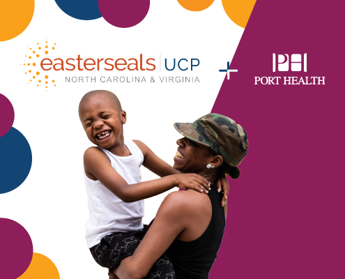 A boy smiling with a woman as she holds him, Easterseals UCP and PORT Health logos